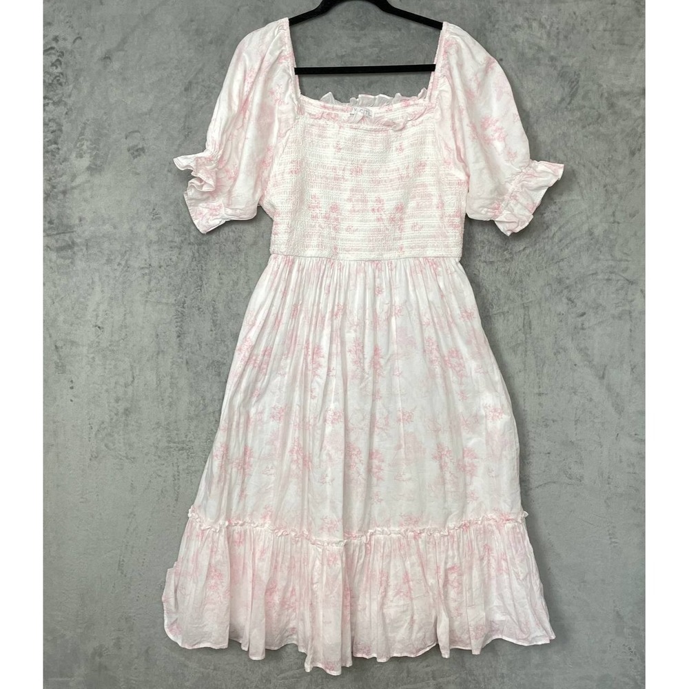 Ivy City Pink Toile Floral Smocked Maxi Dress Square Neck Cottagecore Prairie 1X